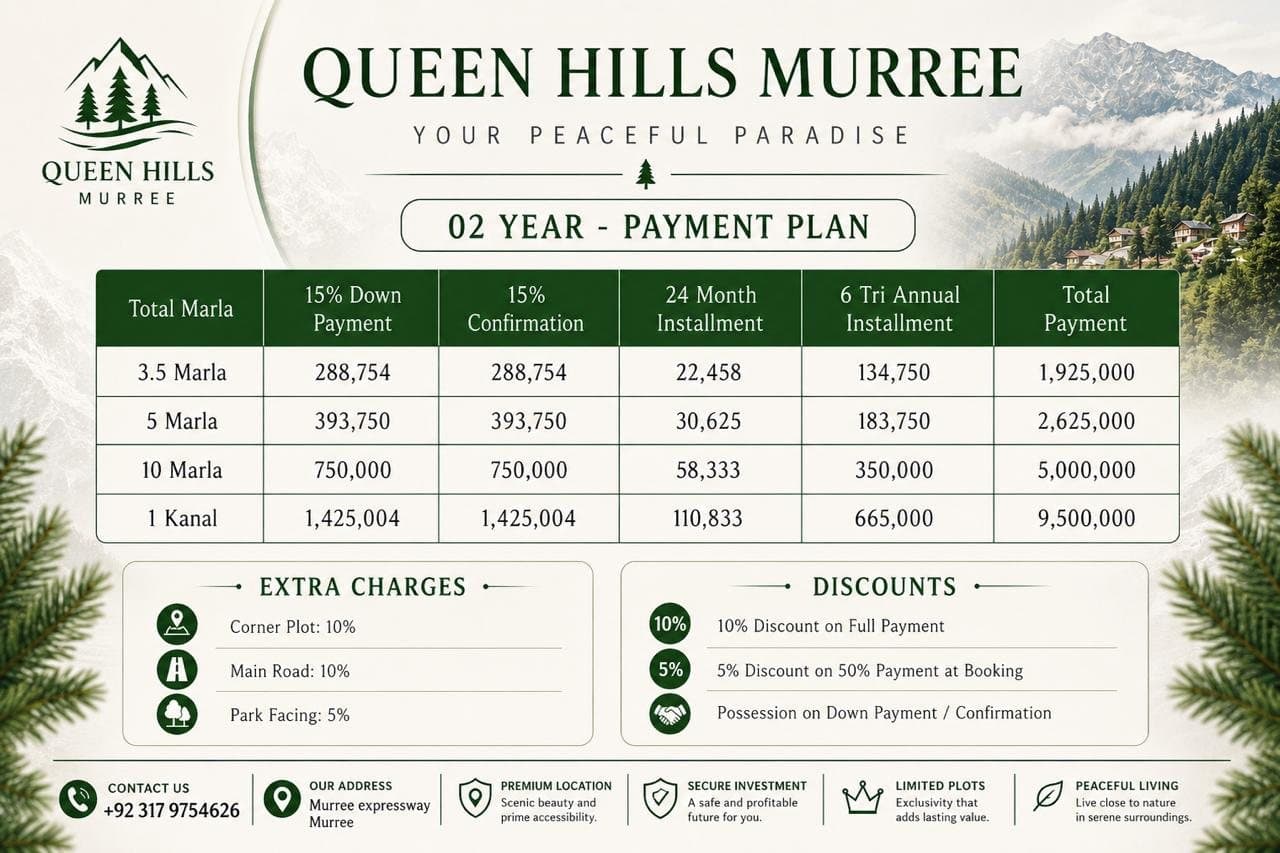 Queen Hills Murree residential plots payment plan